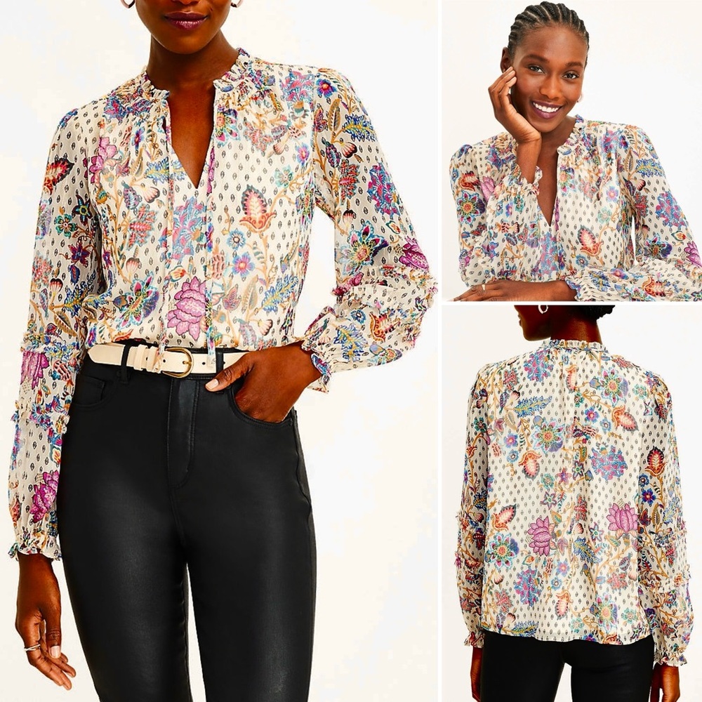 LOFT Ann Taylor Chiffon Bohemian Blouse Shimmer Vine Smocked Ruffle Tie Neck - Picture 3 of 16